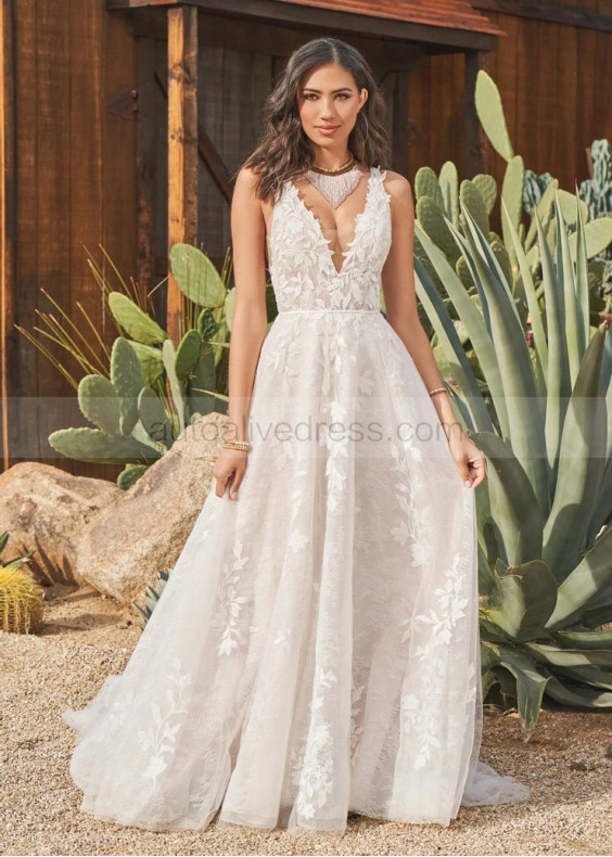 V Neck Ivory Lace Tulle Romantic Wedding Dress